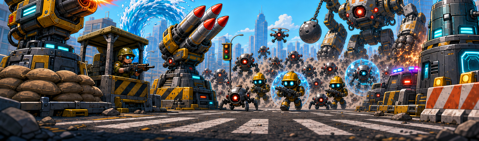 Key art for Crystal City Defense II: rocket turrets, a wrecking-ball mech, and armed defenders battle a swarm of scrap robots on a city street at the foot of the downtown skyline