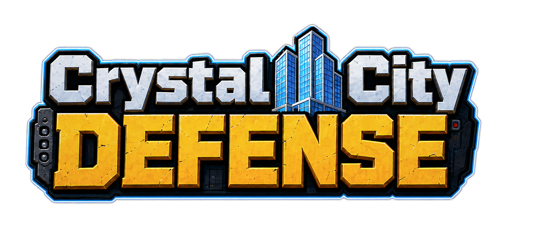 Crystal City Defense wordmark with metallic lettering, a central city tower, and a gold industrial Defense title
